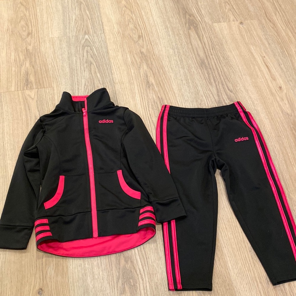 Adidas 3T track suit black and pink. Matching set. Jacket and pants.